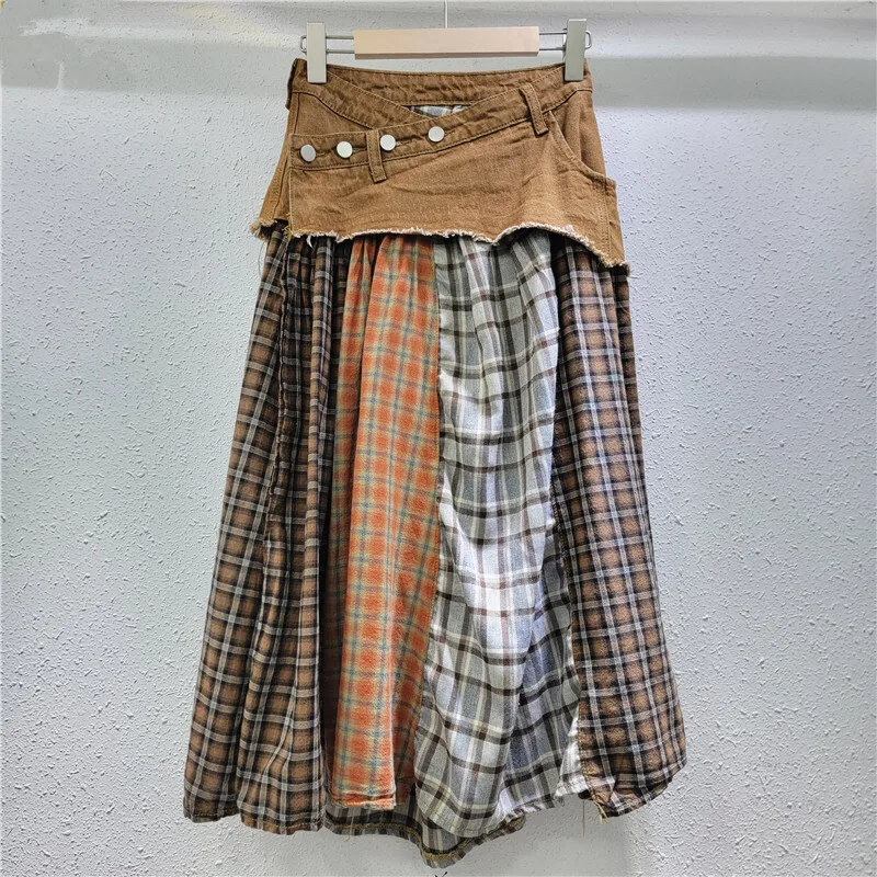 WTHT Trendy Fashion Women's Patchwork Plaid Cross Buttons Design Long Skirts 2025 Spring High Waist A-line Skirt Female 1LS691