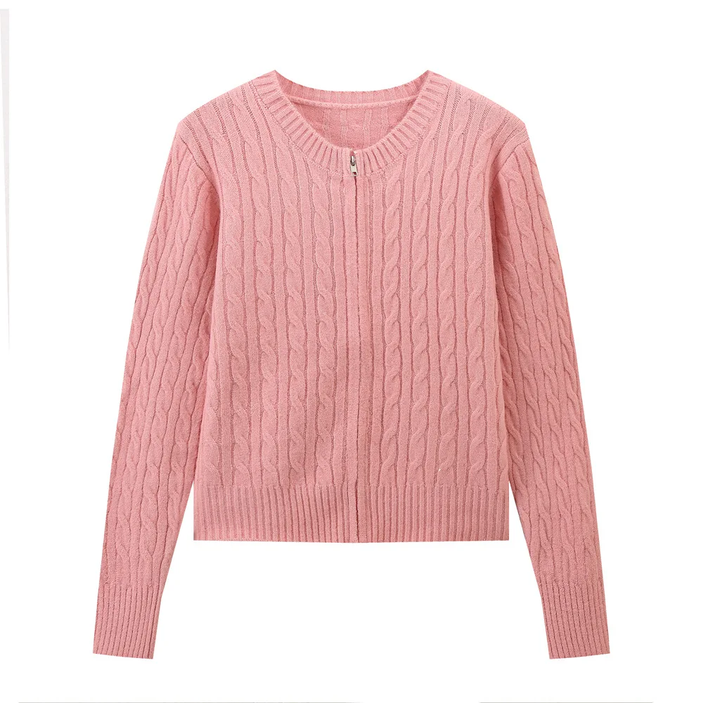 

Women's Knitted Cardigan Sweet Preppy Style High-End Knitwear Jacket Twist Zipper Design Autumn New