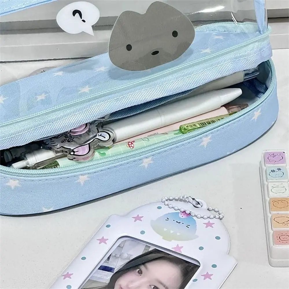 Durable Transparent Pen Bag Star Kitten Pattern Double Layers Pencil Case Vertical Base Stationery Organizer School Office