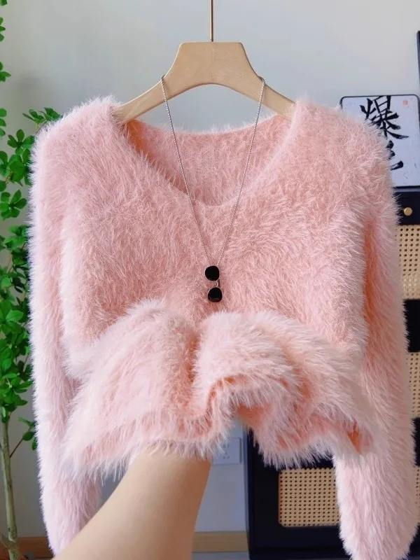 Soft Plu White Sweet Sle Women's Knitwear V-Ne Loose Slimming Autumn Winter New Arrival Top Comfortable Warmth