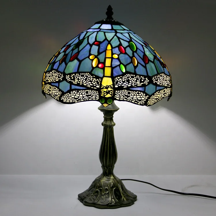 High End Quality Wisteria  Stained Glass LED Table Lamp Handcrafted Dragonfly Pattern Lampshade Desk Lamp