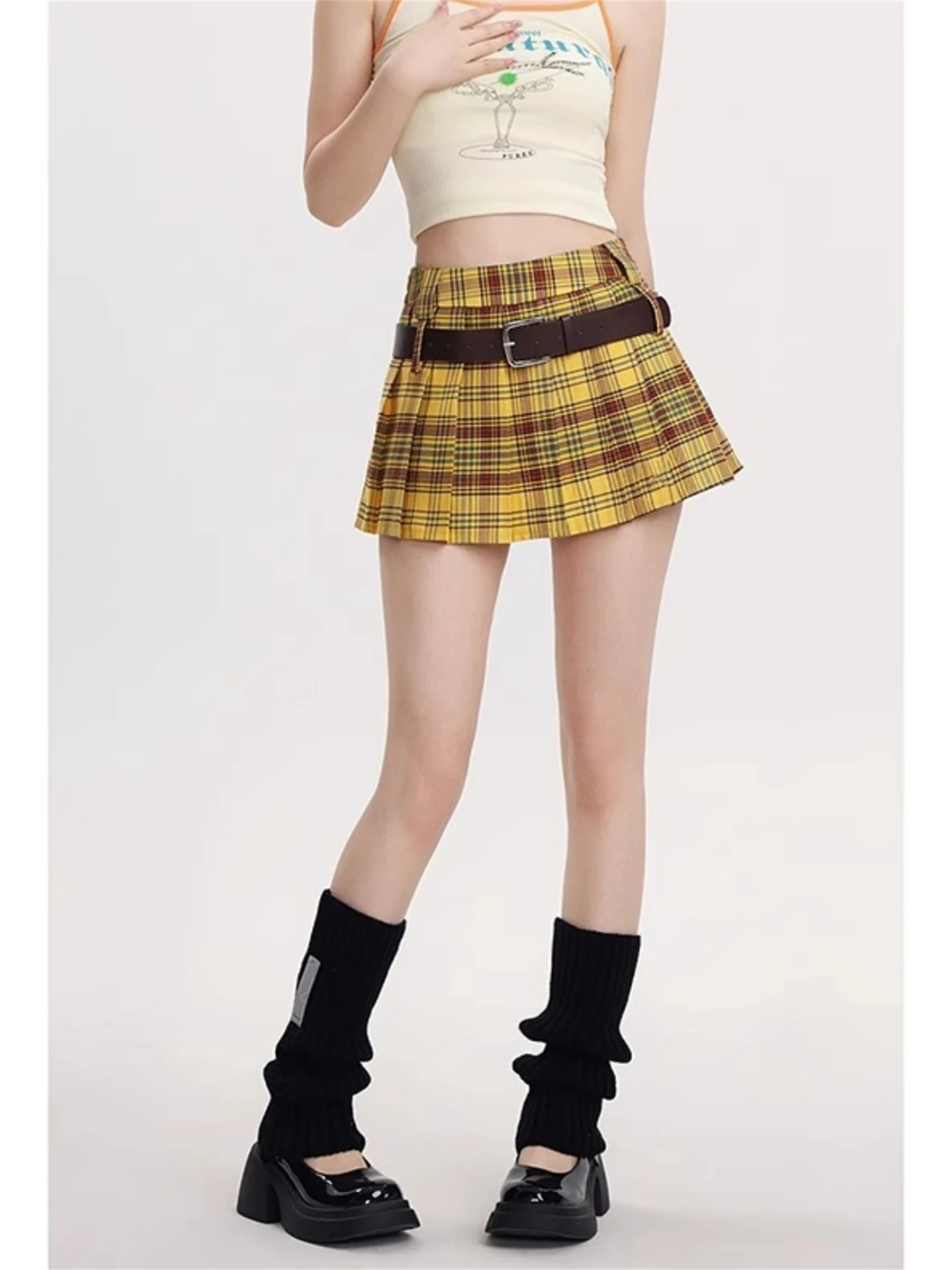 

Желтая клетчатая юбка трапециевидной формы, женская осенняя юбка с высокой талией, плиссированная в Корейском стиле, противолегкая тканевая юбка-стойка