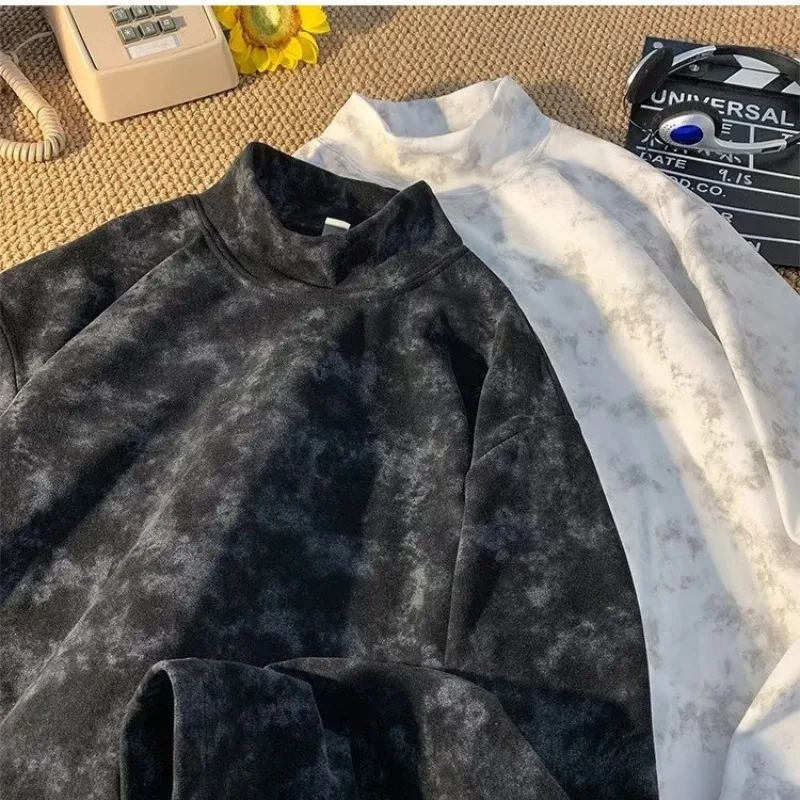 Camisola de veludo tie-dye para homem, gola alta, corte folgado, oversized, camiseta de uso interior, estilo urbano, unissexo, casual, quente, macia, 