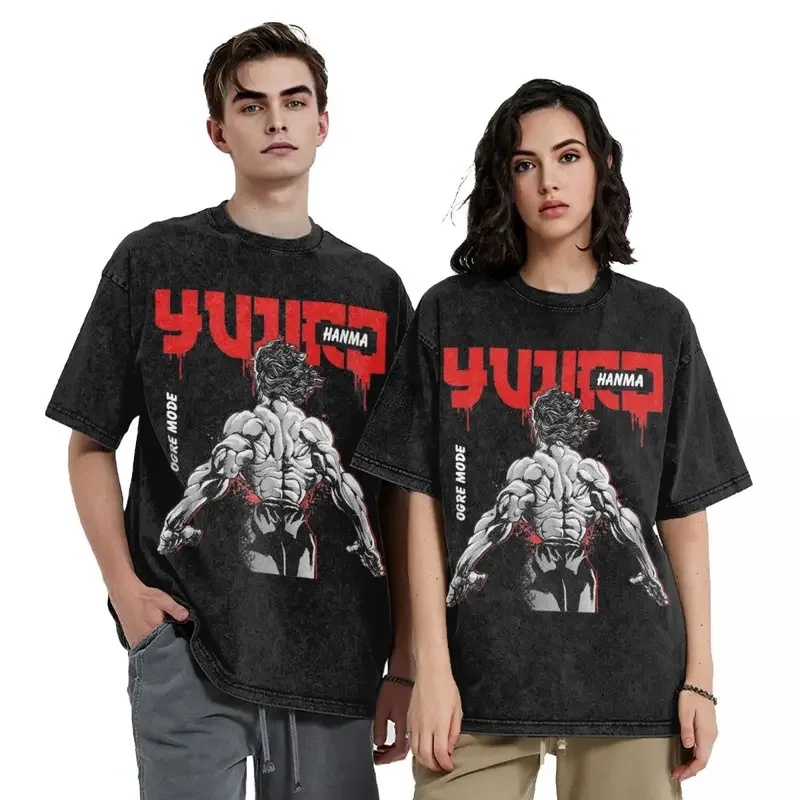 เสื้อยืดสกรีนลายอนิเมะแนวสตรีทเสื้อยืดวินเทจแนวฮิปฮอปแนวสตรีท Yujiro The demon เสื้อยืดผู้ชายผู้หญิง