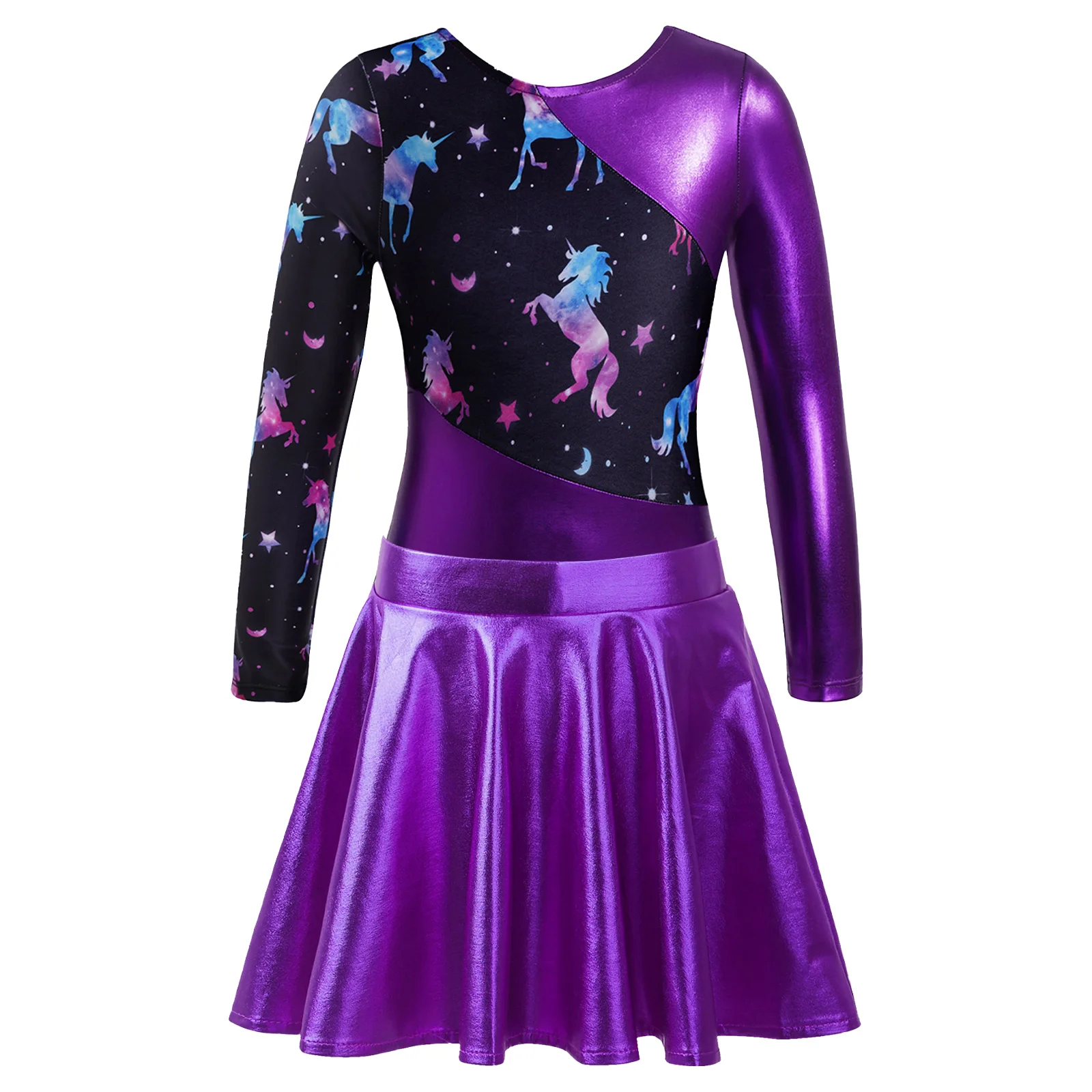 Children Ballet Dance Outfit Kids Girls Metallic Gymnastics Jumpsuit Long Sleeve Printed Patchwork Tutu Leotard with Skirt