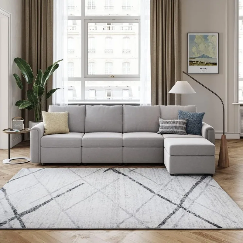 Modular Sectional Sofa with Storage, Washable Sectional Couch, Covers Changeable, Couch Ottoman to Extend Your Sofa, Grey