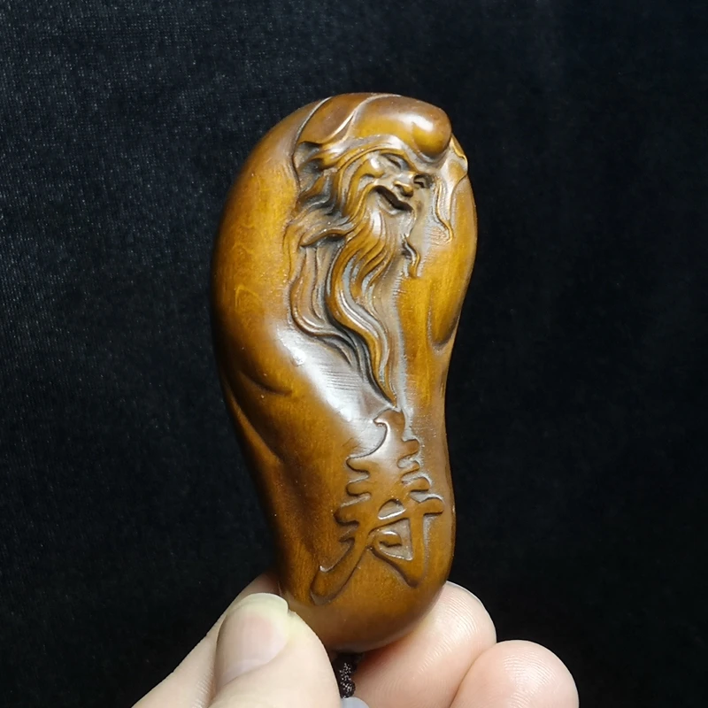 YIZHU CULTUER ART Size 3.2 Inch Old Chinese Boxwood Wood Hand Carved god of longevity Buddha Figurine Statue Netsuke Collectable