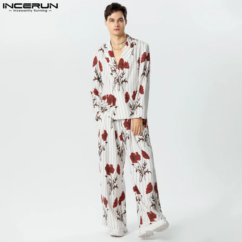 INCERUN 2023 American Style Handsome Mens Sets Rose Print Stripe Printing Casual Tops Wide Leg Pants Fashion Two Piece Set S-5XL