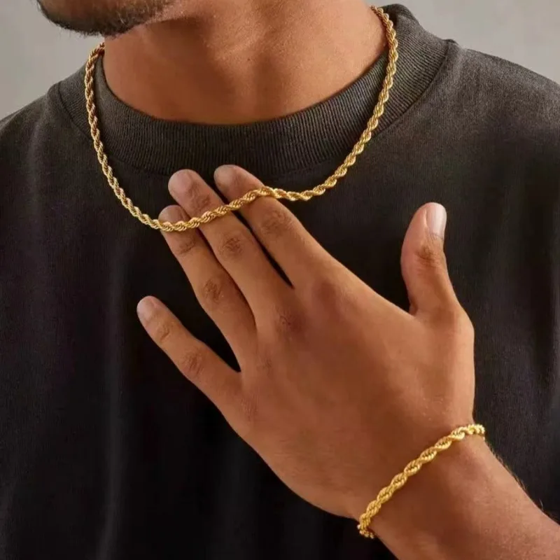 Conjunto de pulsera y collar de cadena de cuerda trenzada de acero inoxidable para mujeres y hombres, joyería de moda, accesorios Unisex, regalo