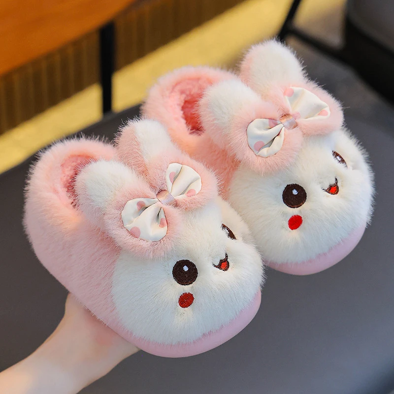 Picture 5: New Trendy Sweet Bow Fluffy Rabbit Slippers Kids Playful Pink Warm Bunny Ear Blush Cheek Furry Mules Home Shoes Children Slipper