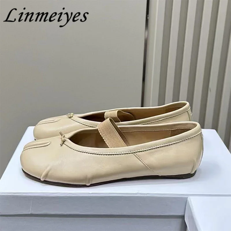 Genuine Leather Ballet Flat Shoes Women Pleated Split Toe Shoes Woman Leisure Comfort Loafers Elastic Band Slippers Woman