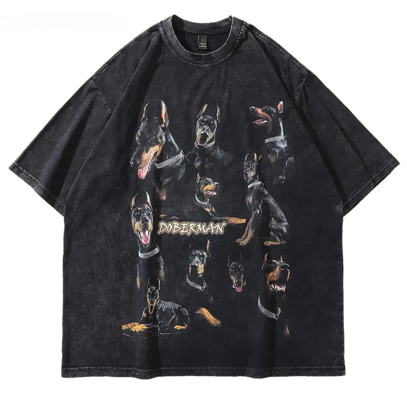 2024 Oversize Washed T Shirts Hip Hop Vintage Doberman Dog Print Punk Rock Gothic Tshirt Streetwear Harajuku Casual T-Shirt  ﻿