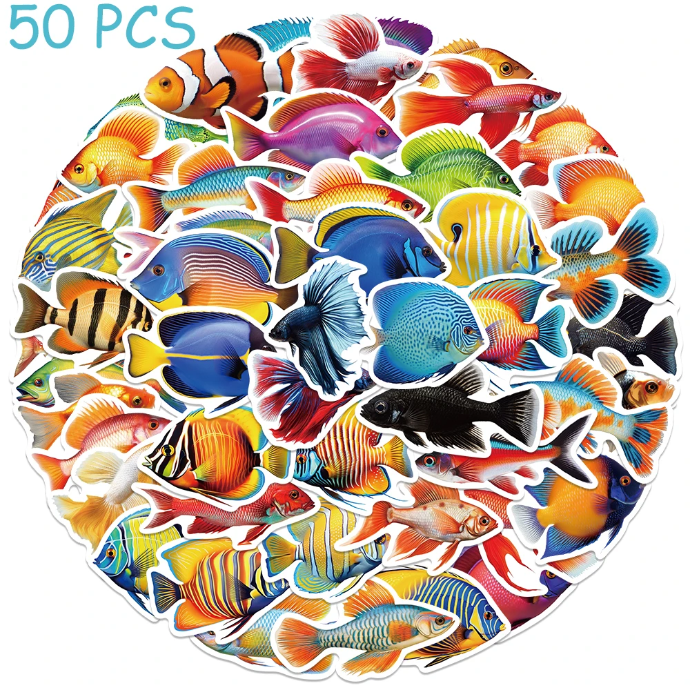 Pegatinas de peces de dibujos animados para niños, calcomanías estéticas para portátil, monopatín, Maleta, álbum de recortes, papelería, útiles escolares, 50 piezas