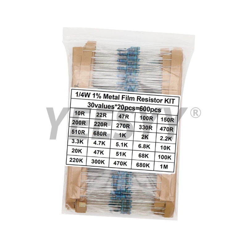 600pcs/set 300pcs/set 30 Kinds 1/4W Resistance 1% Metal Film Resistor Pack Assorted Kit 1K 10K 100K 220 ohm 1M Resistors
