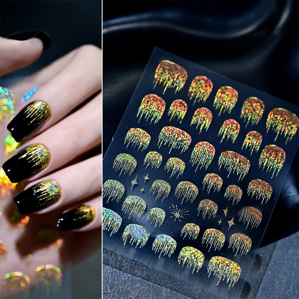 3D Laser Waterfall Firework Nail Stickers Holographic Glitter Firework Nail Decals Iridescent Self-Adhesive Slider Nail Supplies
