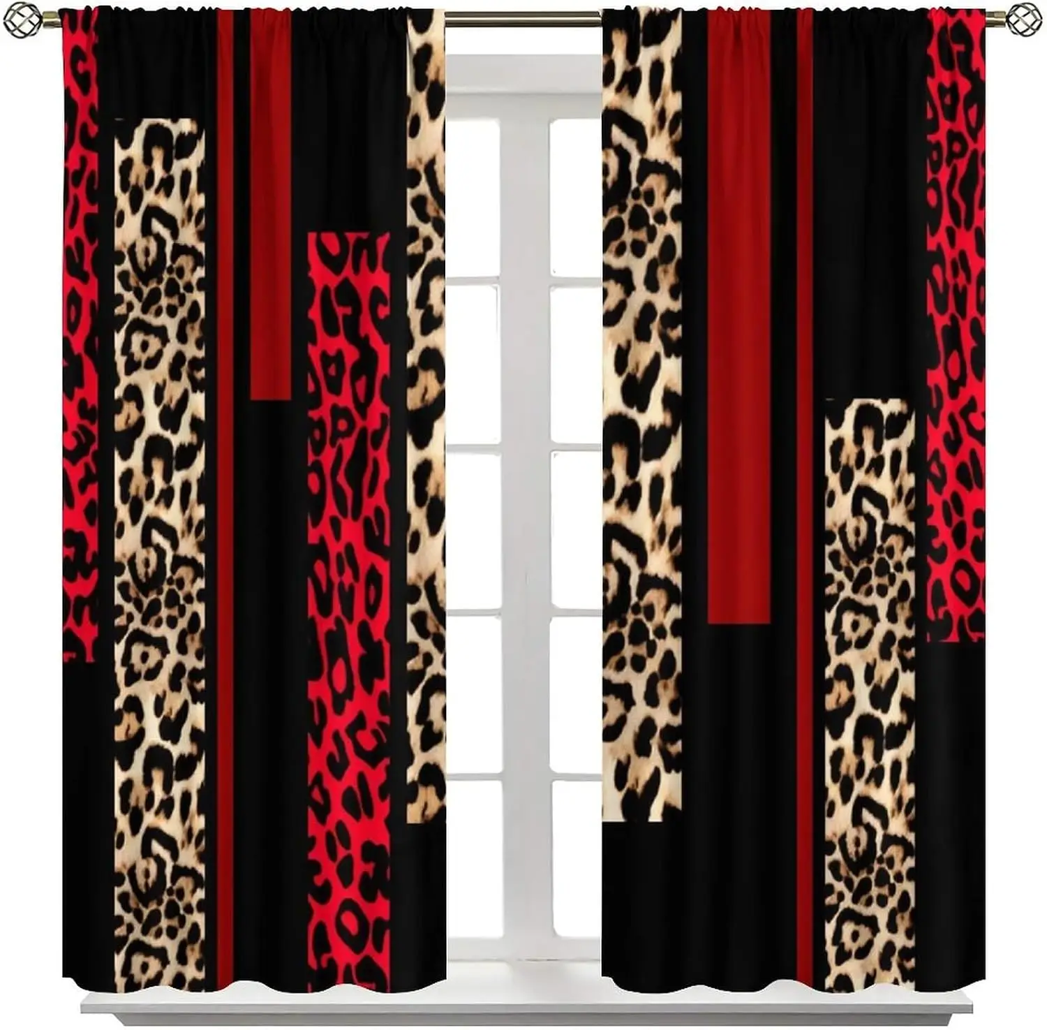 Vertical Color Block Leopard Splicing Blackout Rod Pocket Curtain Red Beige Contrast Bold Print Chic Homestay Bedroom Rest Bay