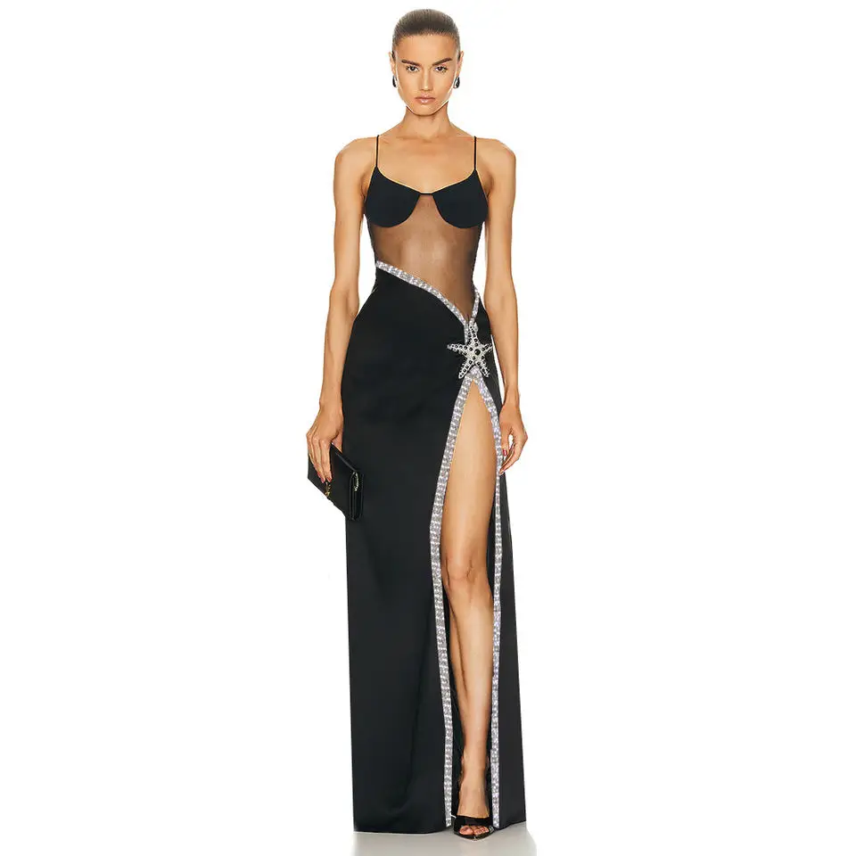 

C3408 Spaghetti Strap Western Style Black Women Evening Dress Sexy High Slit Ladies Gowns Dress