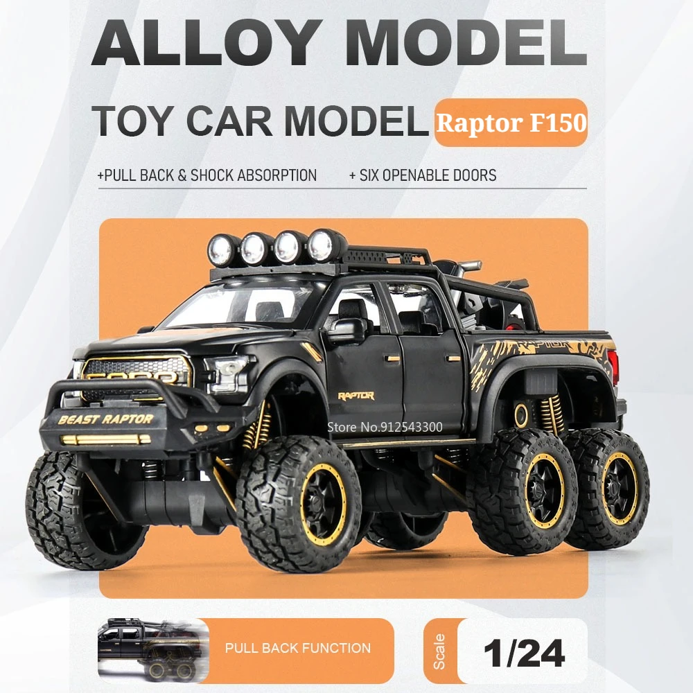 

1:24 Raptor F150 RV Car Model Toy Doors Opened Sound Light Cars Pull Back Shock Absorption Vehicle for Children Holiday Gift