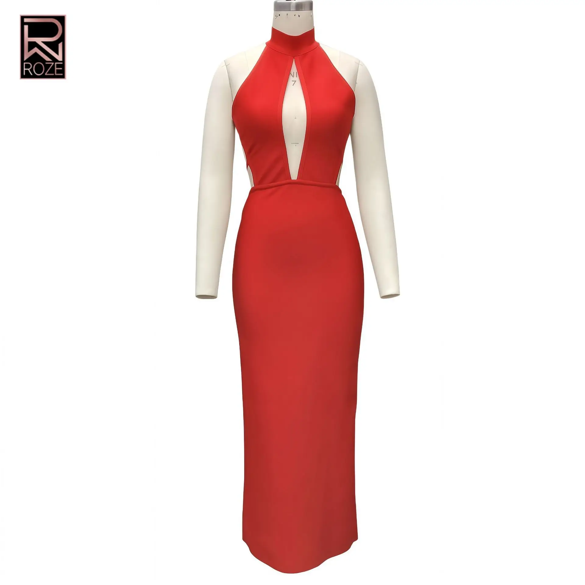鮮やかな赤色の包帯風イブニングドレス - エレガントなハイネック、魅惑的なバックカットアウトとレースアップディテール、フォーマルな宴会やパーティー用ドレス