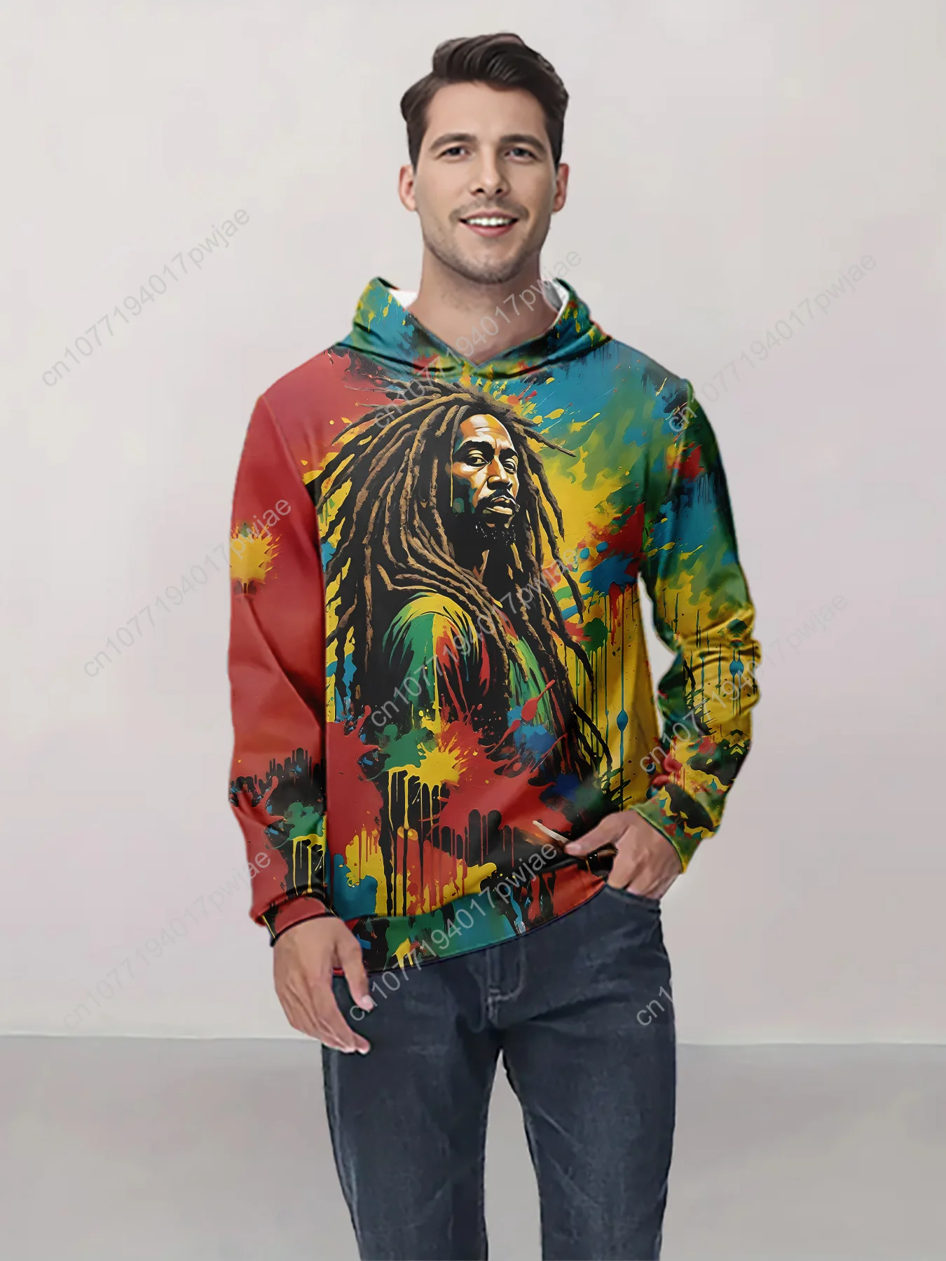 เสื้อสเวตเชิ้ตมีฮู้ดพิมพ์ลายดิจิตอล 3 มิติสำหรับผู้ชาย - เสื้อพูลโอเวอร์ลายกราฟฟิตีสีสันสดใส ทรงหลวม แขนยาว ซักเครื่องได้