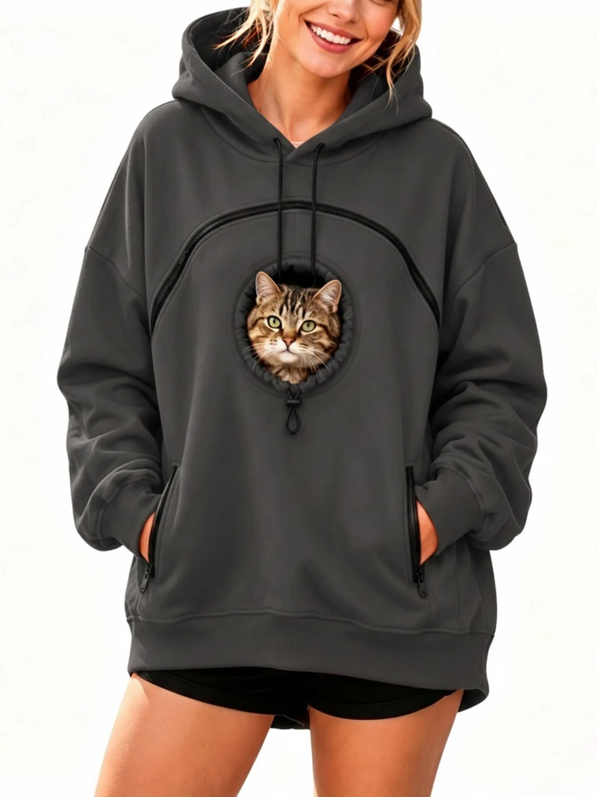 Personalized LOGO Customized Women's Hooded Pet Cat Pocket Casual Sweater Zipper Long Sleeve Hooded Fleece Top