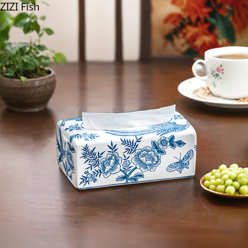 

Blue and White Porcelain Tissue Box Ceramic Paper Towel Case Coffee Table Desktop Napkin Holder Tissue Boxes Vintage Home Decor