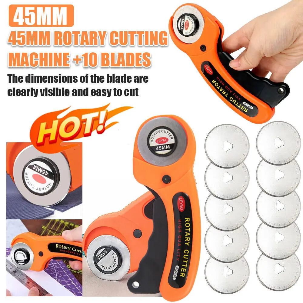 45Mm Round Wheel Rotary Cutter Quilting Sewing Roller Cutting Tool + 10 Blades