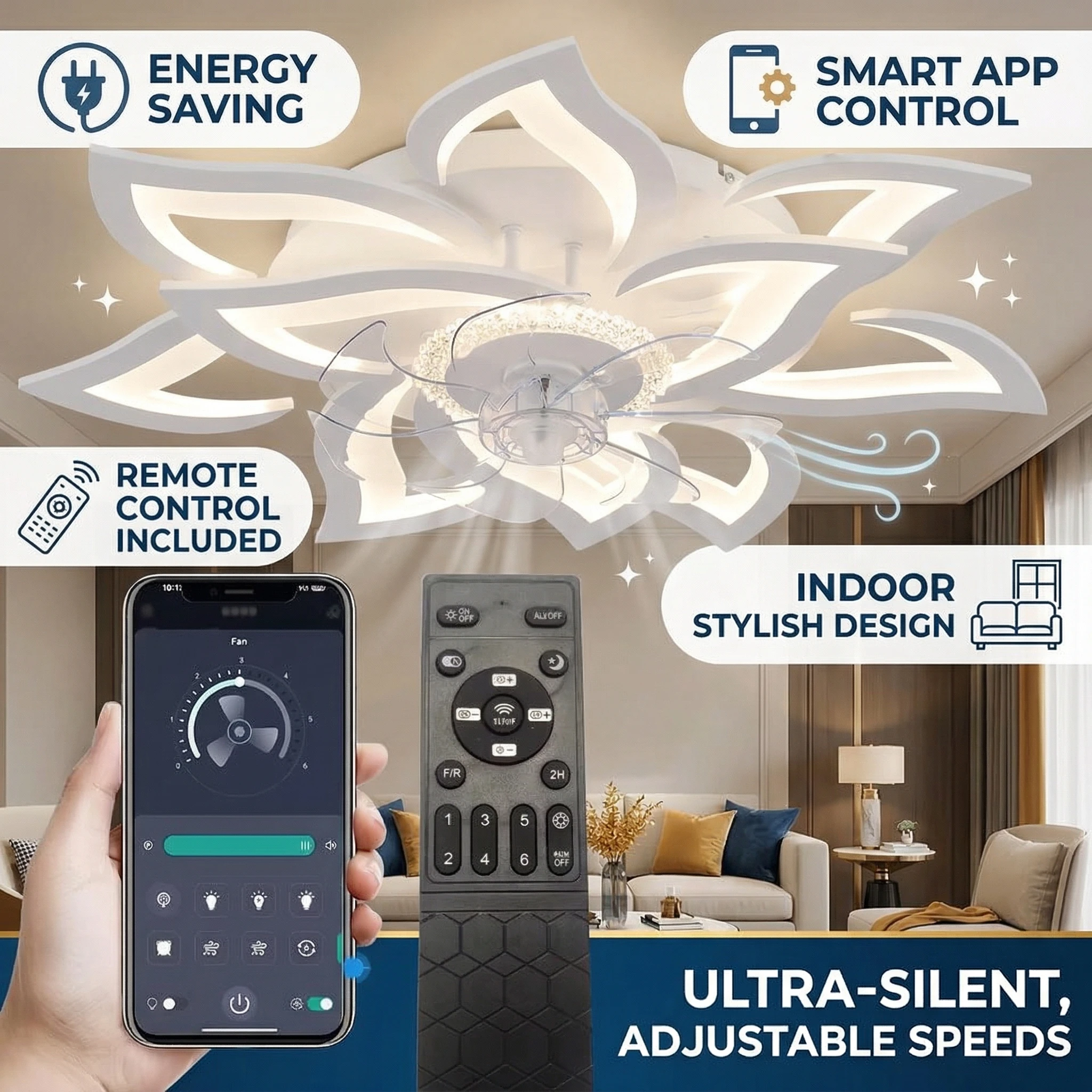 Smart Flower Ceiling Fan Light LED Dimmable Remote APP Control Timing Quiet Low Noise for Bedroom Living Room Home Decor