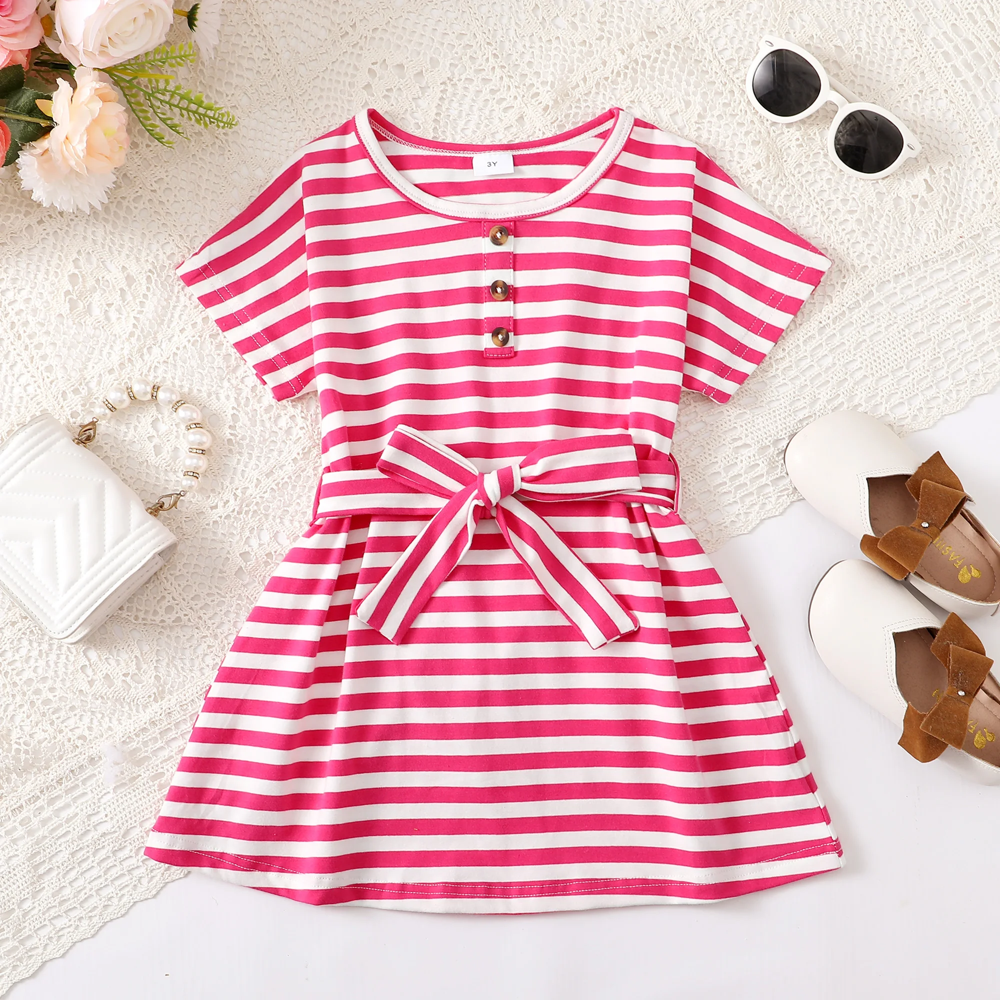 Baby Girl Dress Cute And Comfortable Casual Striped Belt Short-Sleeved Dress For Spring And Summer Baby Girl As Gift