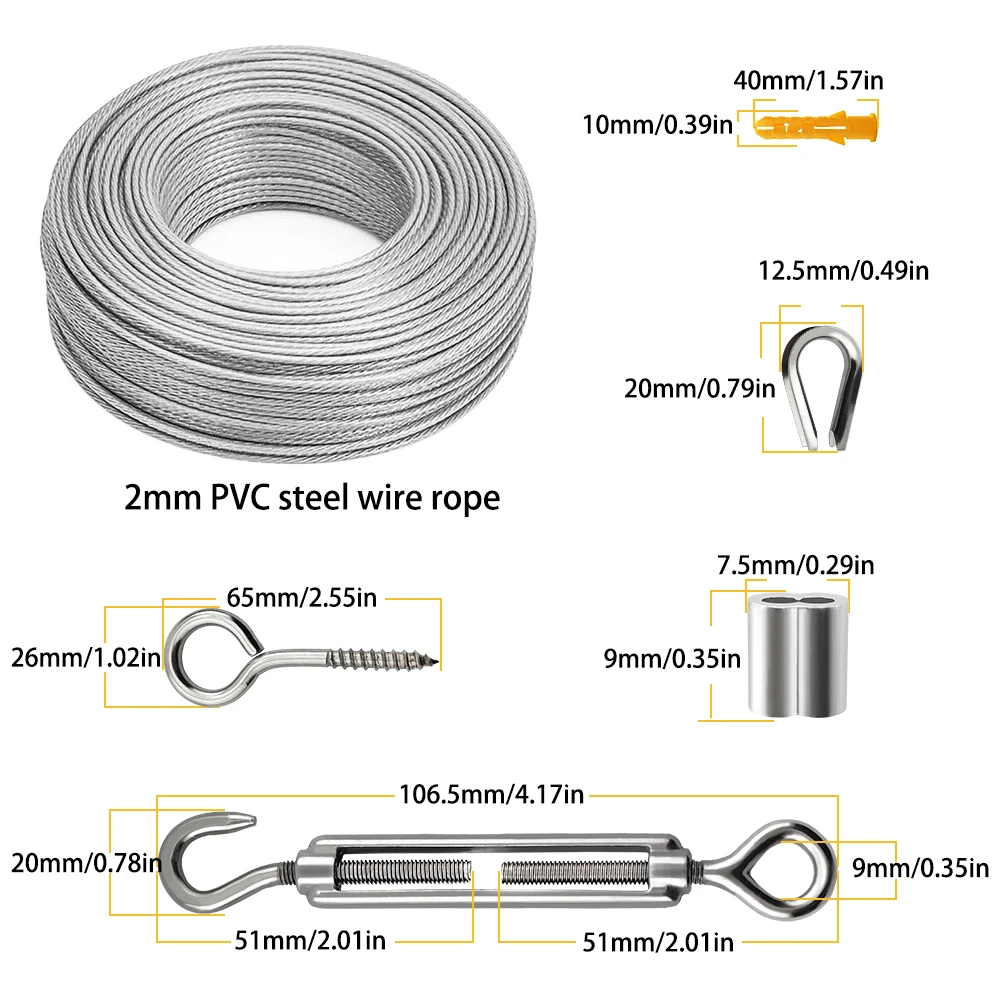 56 teile/satz Camping Wäscheleine PVC Beschichtet Flexible Stahl Draht Seil Edelstahl Leitplanke Sicherheit Seil 25/30/45/50M – Detail 2
