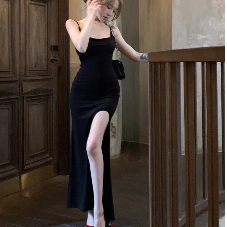2025 New Women's High Waist Lace Slip Dress with Side Slits And Fish Tail Design Summer Fashion Ladies' Knitted Polyester Dress