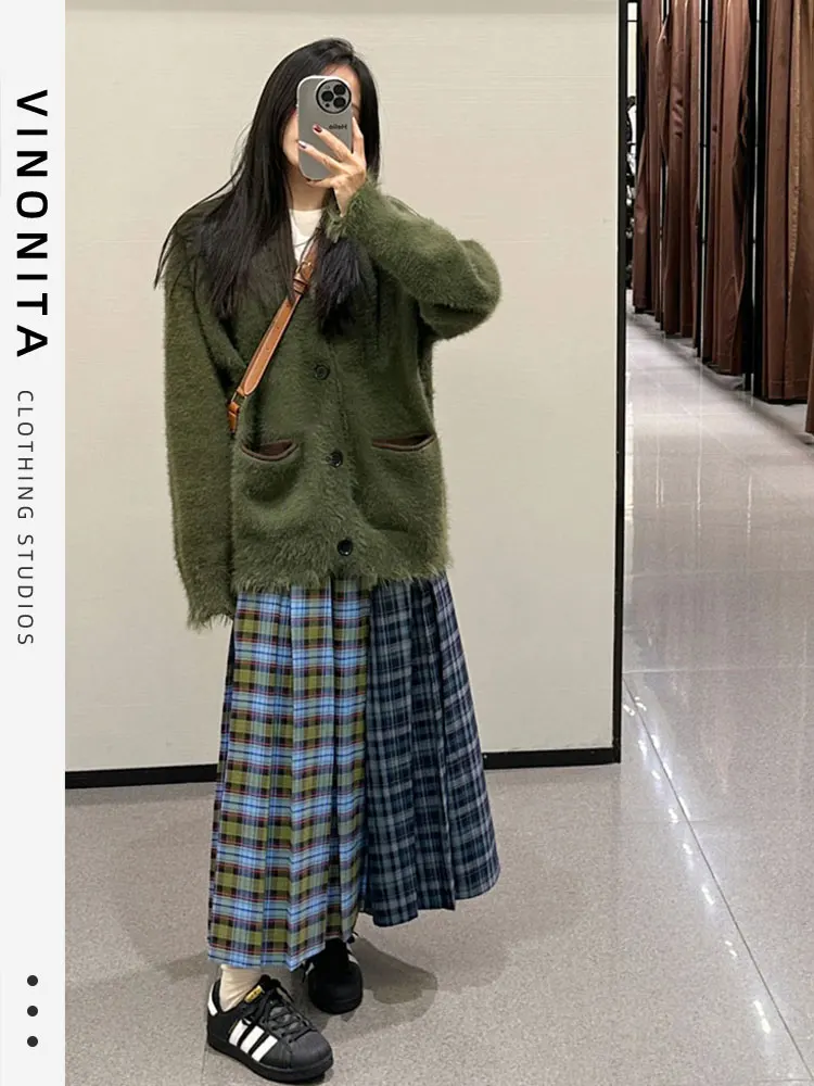 

Vinonita American Retro Plaid Pleated High Waist Midi Skirt Women's Autumn Slimming A-Line Skirt Ele Vintage Cheered Skirt