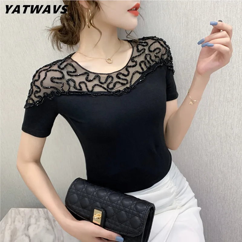 

Новинка, летняя европейская одежда, женская футболка с круглым вырезом, сексуальные роскошные топы с вышивкой бисером, женские эластичные футболки