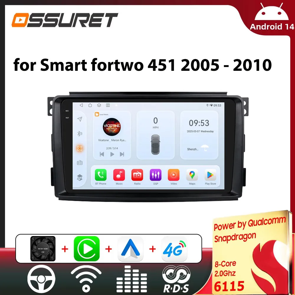 Schermo intelligente per autoradio per Smart fortwo 451 2005-2010 Wireless CarPlay Android Auto Stereo Multimedia di Snapdragon 6115