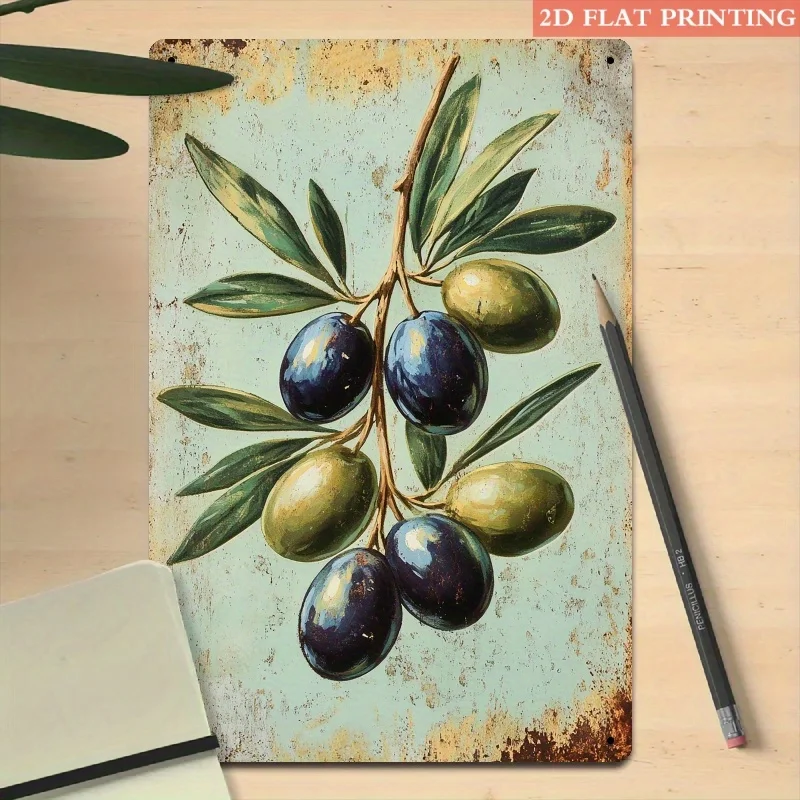 Vintage Olive Branch Metal Wall Art Sign - Rustic Olive Branch with Green Leaves & Teal Olives Suitable for Living Room, Studio
