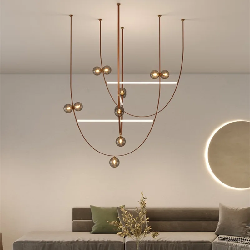 

Светодиодный подвесной светильник с персонализированными стеклянными шарами и кожаными элементами для гостиной, столовой, виллы, лестницы - Энергоэффективное освещение