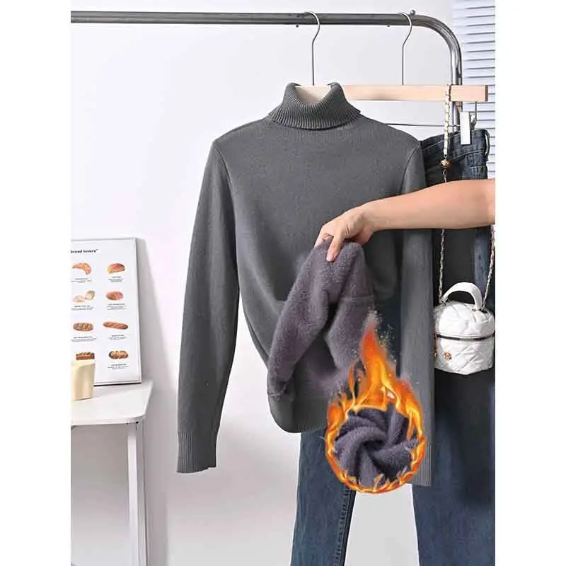 woman Black turtleneck sweater women paired autumn winter new item warm mink fleece thickened bottom layer sweater for women