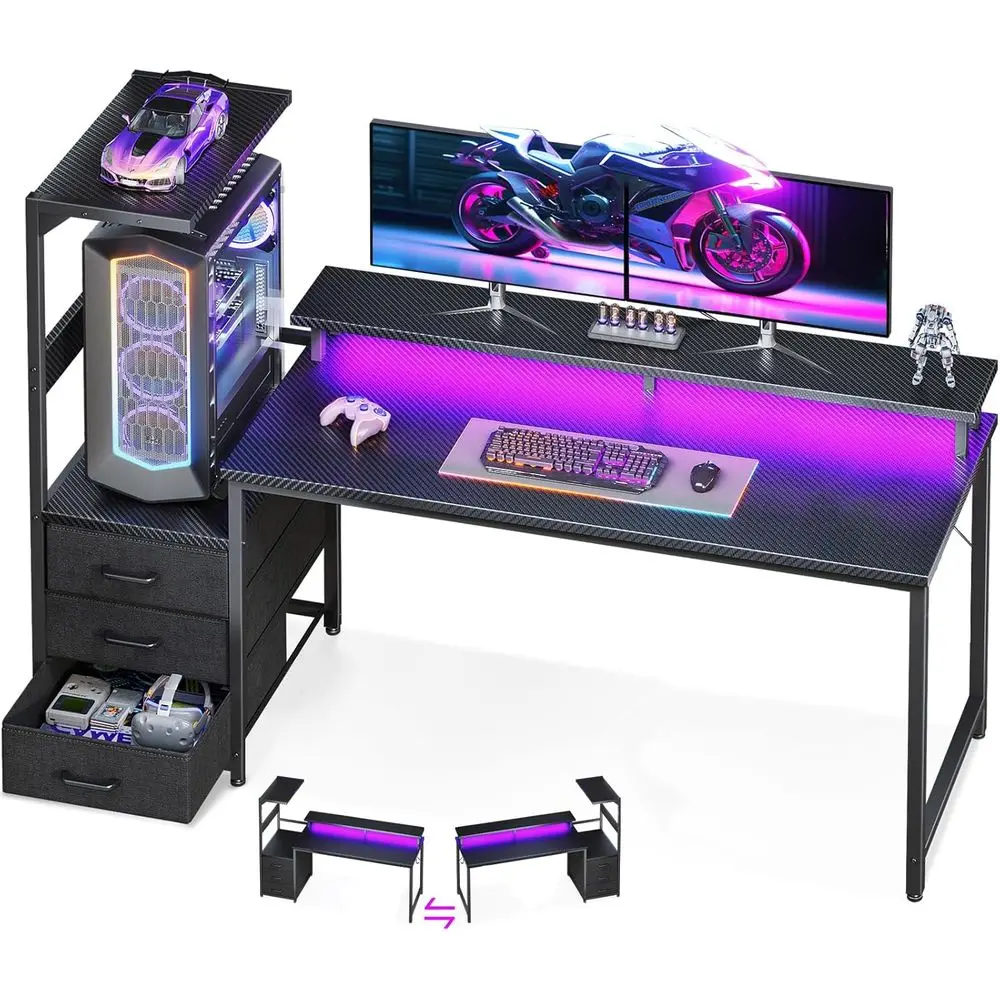 59 Inch Gaming Desk with LED Light- Reversible Computer Desk with Storage Shelves & Monitor Stand, ern Gamer Desk Table with abr
