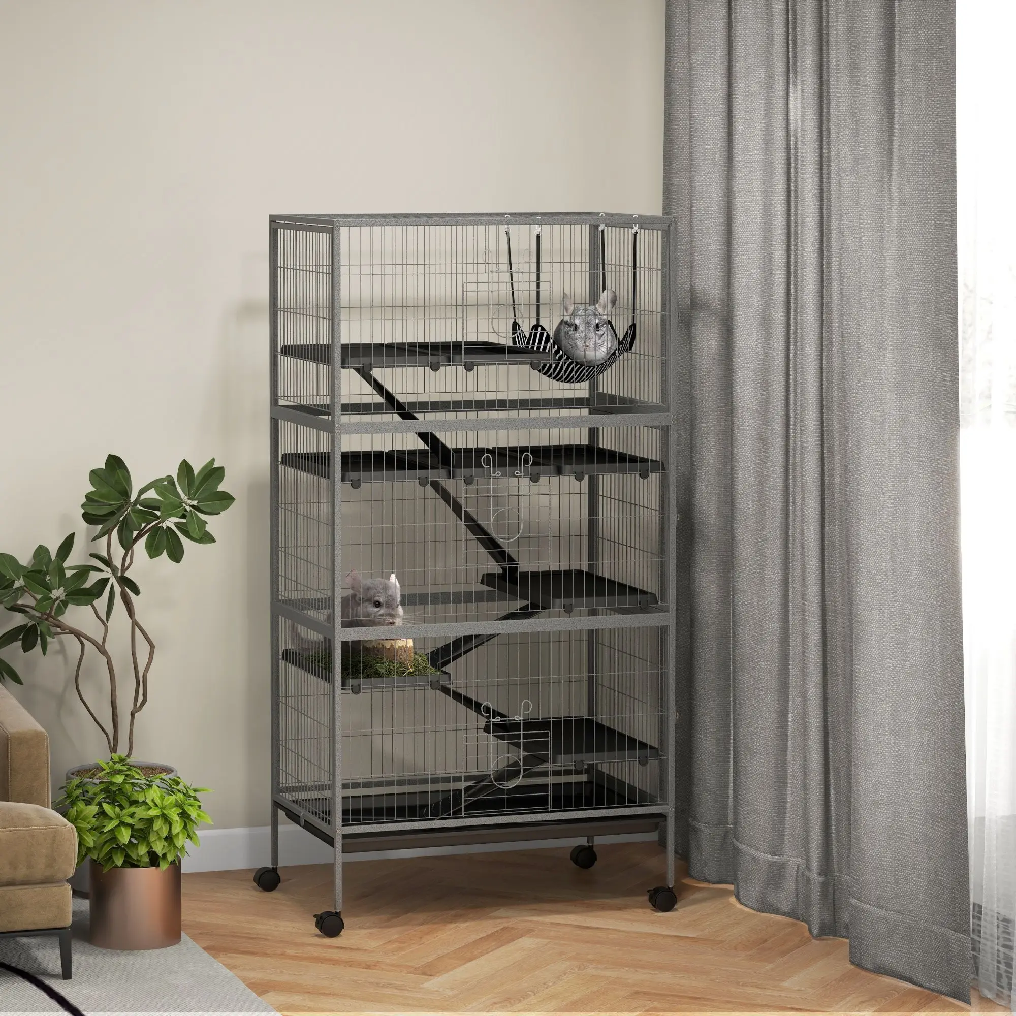 63-Inch tall mobile small pet cage includes hammock and 6 access door ferret and chinchilla with detachable tray