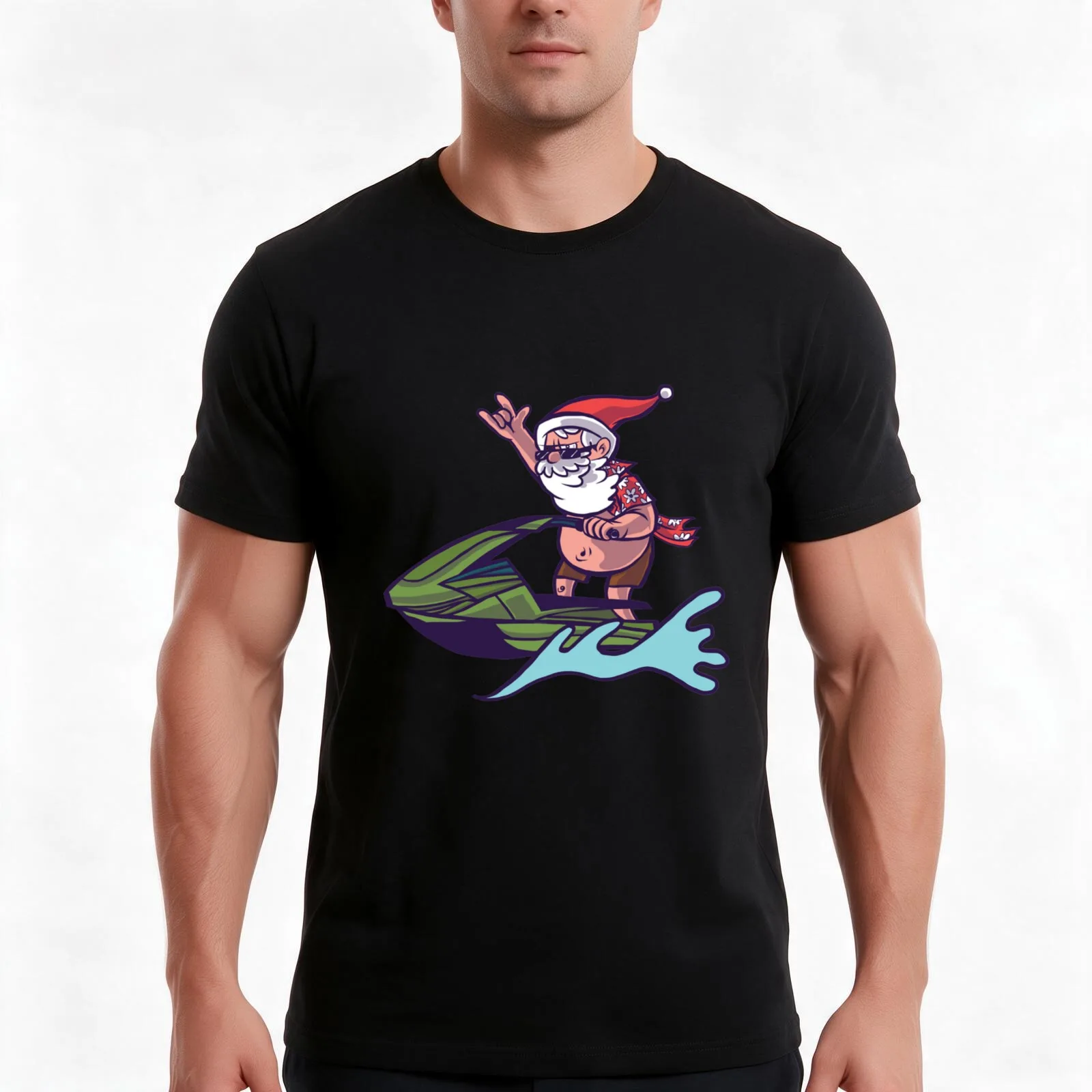Jet Ski Santa T-Shirt, Summer Casual Cotton Tee, Oversized Streetwear Tops, Vintage Graphic Print, Loose Fit Short Sleeve
