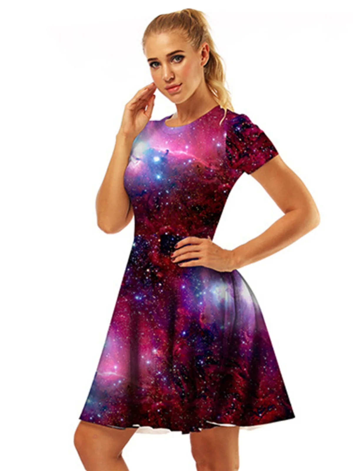 فستان نسائي مطبوع بقصة A مع تنورة ضيقة عند الخصر وأكمام قصيرة بأسلوب الشارع للصيف من قماش واحد 00% #3