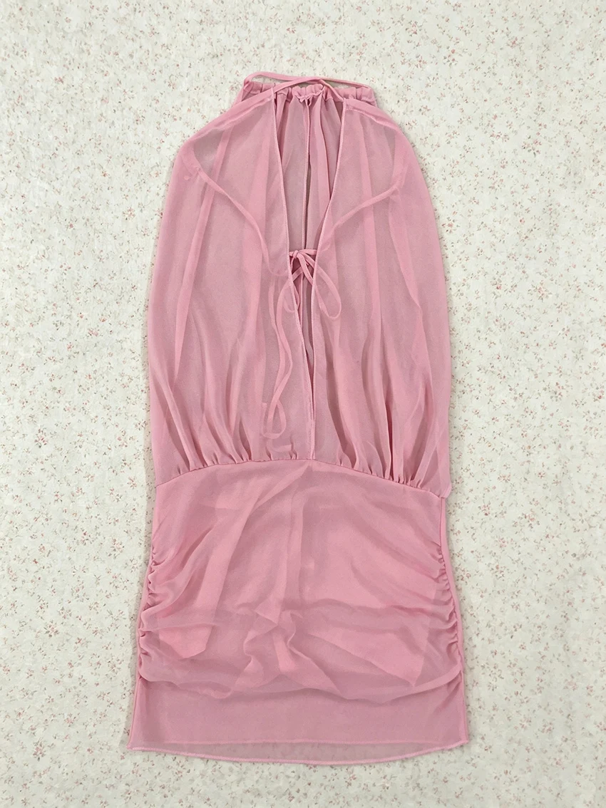 Y2K Aesthetic Women Sheer Mesh Halter Bodycon Dress Criss Cross Neck Open Front Back Tie Side Ruched Night Club Sleeveless Dress