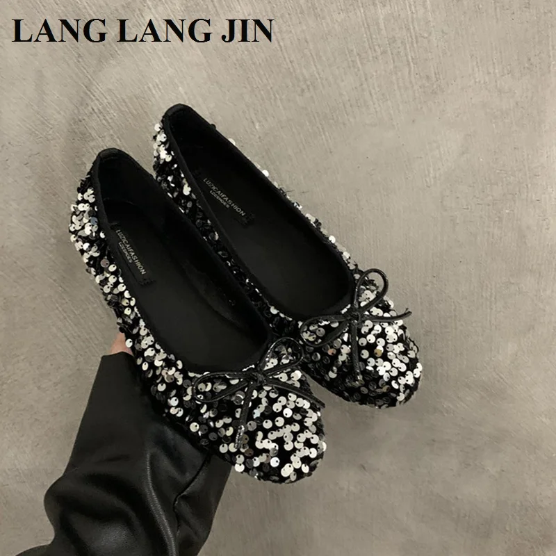 2023 New Autumn Bling Sequin Classic Ballet Shoes Women Round Toe Bowtie Ballerinas Casual Slip On Flats Elegant Valentine Mujer