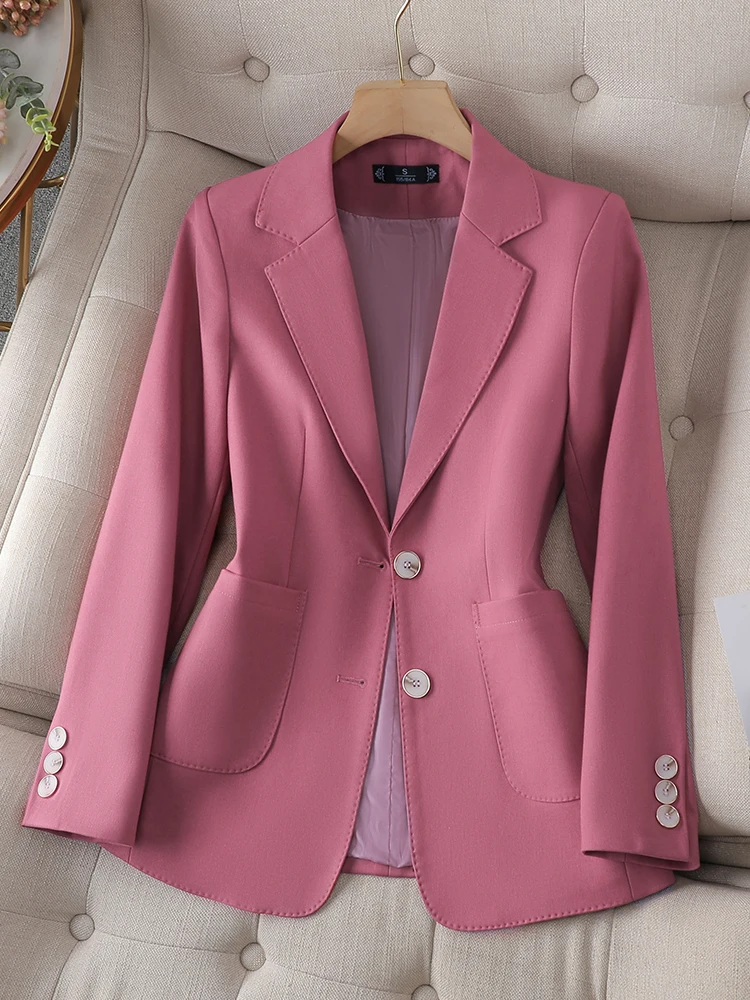 Neue Ankunft Herbst Winter Frauen Damen Outwear Blazer Rosa Schwarz Beige Weibliche Lange Hülse Einreiher Feste Jacke Mantel