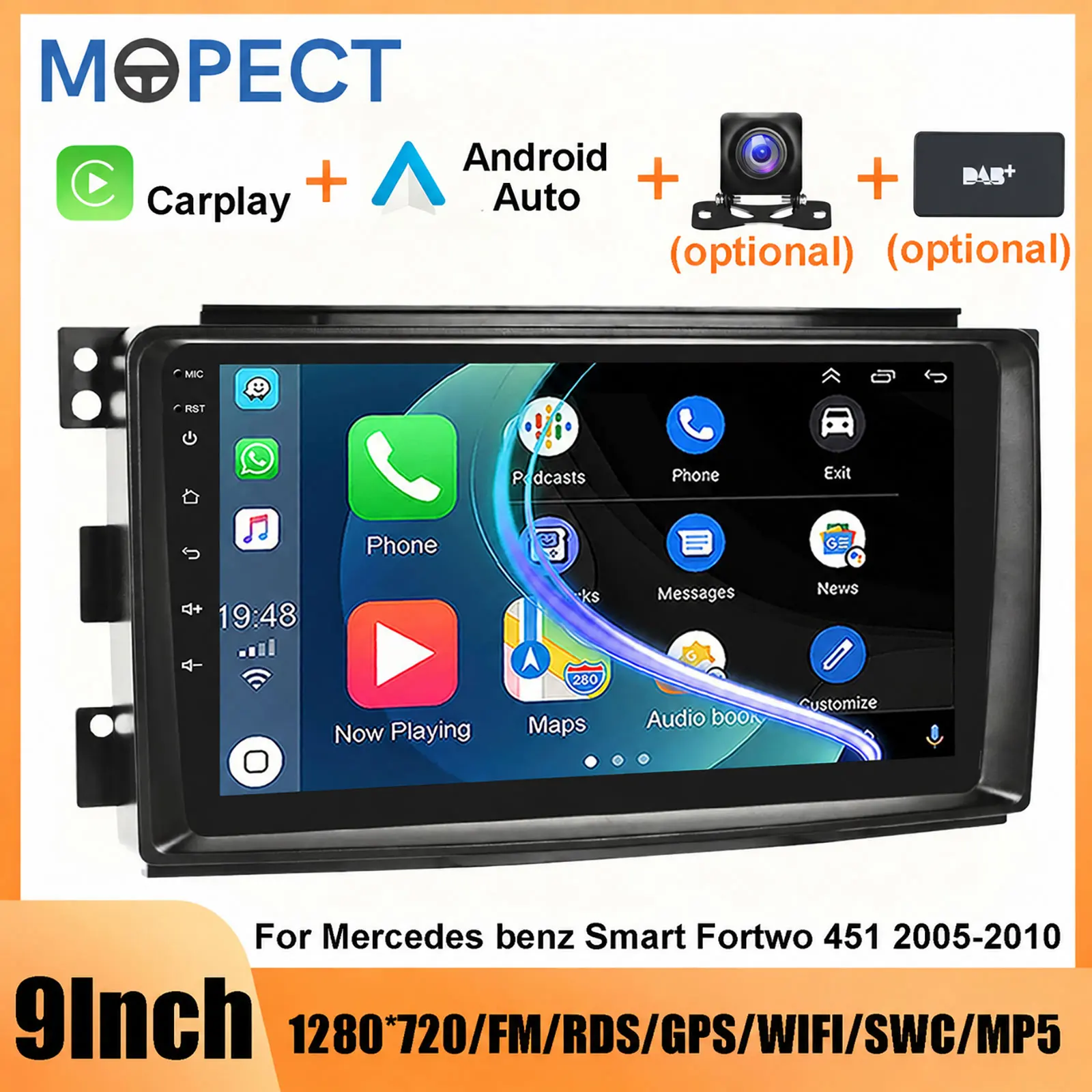 MOPECT 9-Zoll-Autoradio Android 15/16 4+64G 6+128GB für Mercedes Benz Smart Fortwo 451 2005-2010 Multimedia-Player Mirror Link Autoradio WiFi GPS NAVI BT FM SWC RDS