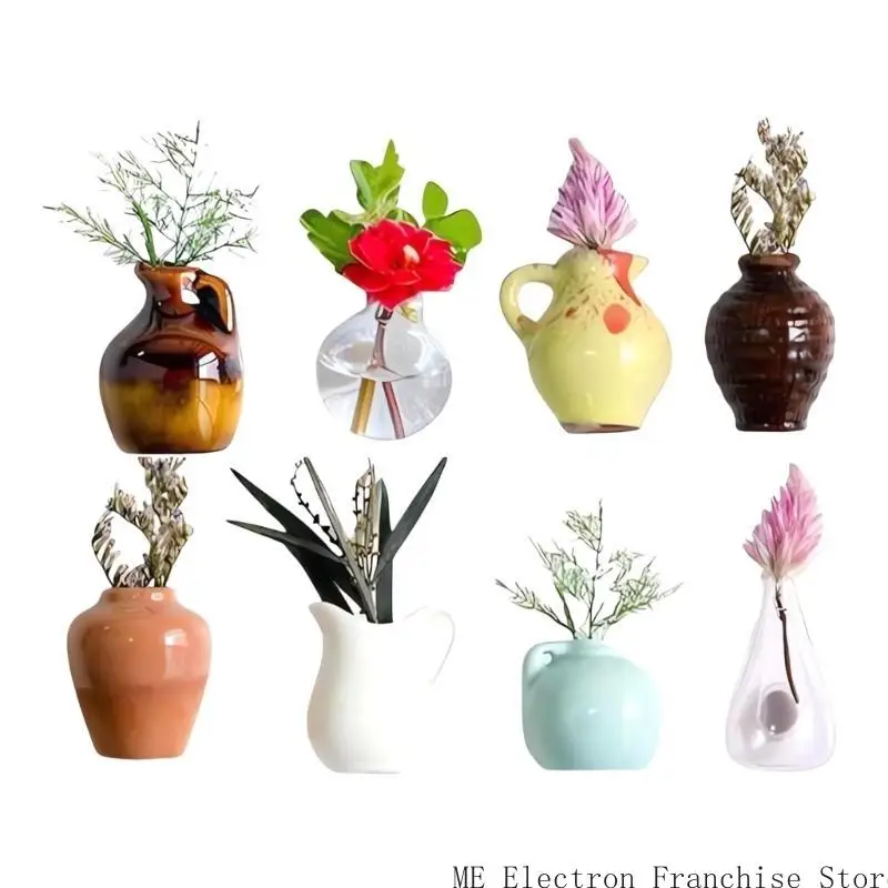 

Pack of 8 Mini Buds Vases with Strong Magnets Refrigerator Sticker for Home and Kitchen Decoration in Multicolor
