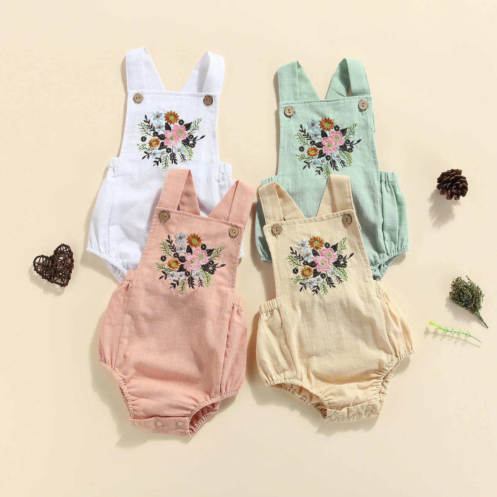 

Newborn Baby Girls Flower Embroidery Romper, Sleeveless Jumpsuit, Summer Clothing