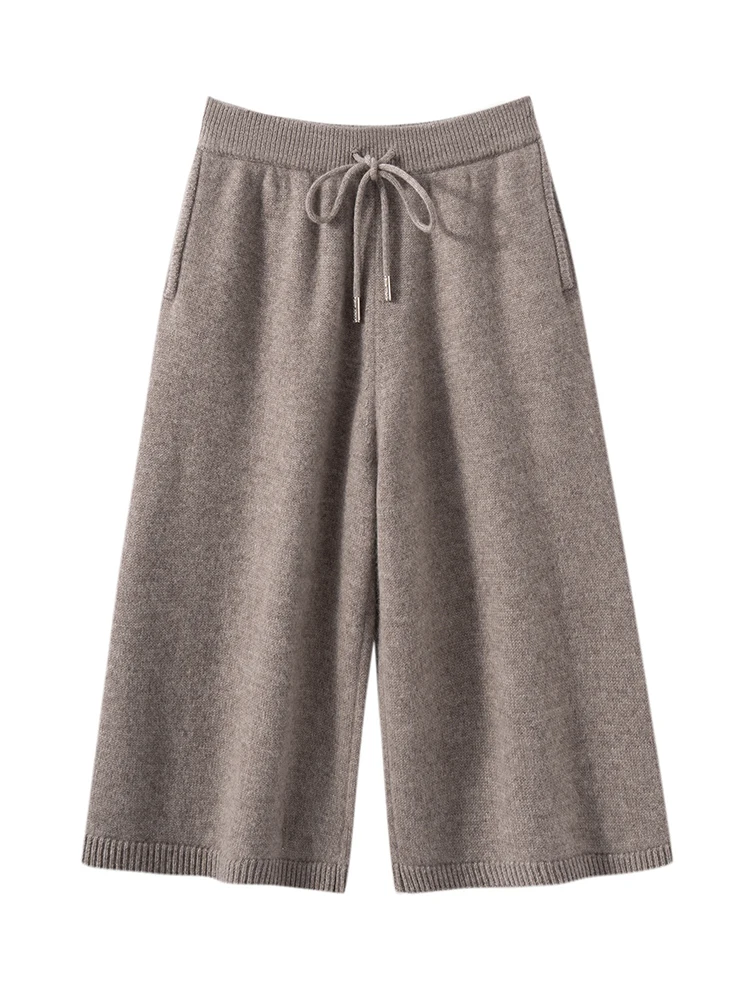 TLOML New Women 100% Cashmere Knit Pant Calf-length Pants Autumn Winter Chic Thick Wide Leg Pants Cashmere Knitwear Casual Style