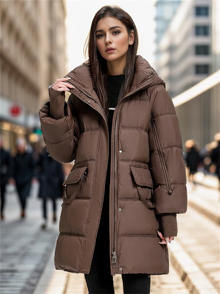 2024 Winter New Women\'s Loose Padded Down Jackets The Mid-Length Is Thickened Personality Pockets Warm Over-The-Knee Jacket