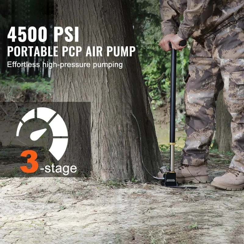 3 Stage PCP Pump 30MPa 4500PSI Pressure Gauge Air Hand Stirrup Pump for Car Bicycle Tire Scuba Tank Paintball Filling